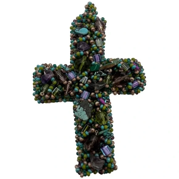 Vintage Handcrafted Beaded Embellished Cross Handmade Beads Ornamental Cross - Picture 3 of 10